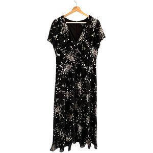 Kensie Foil Print Chiffon Maxi Dress Size 12 Black Gold Hi-Low Whimsigoth Fairy